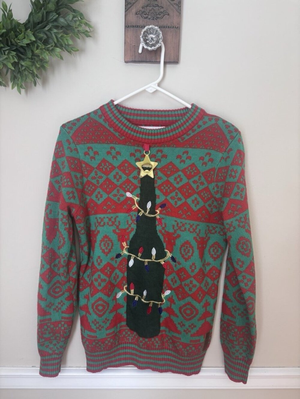 Tipsy Elves Mens Size S Ugly Christmas Sweater Christmas Tree Bottle Opener